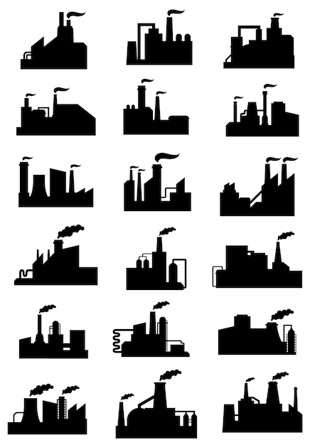 Sagome nere di edifici industriali con serbatoi di stoccaggio e condutture isolate su sfondo bianco per l'industria pesante o il design ecologico