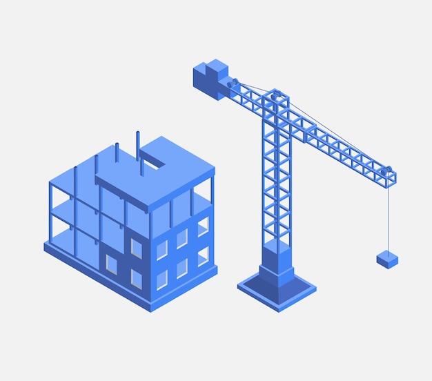 건설 크레인과 건물 주택이 있는 산업 도시 건물, 파란색 원근법으로 만든 자동차