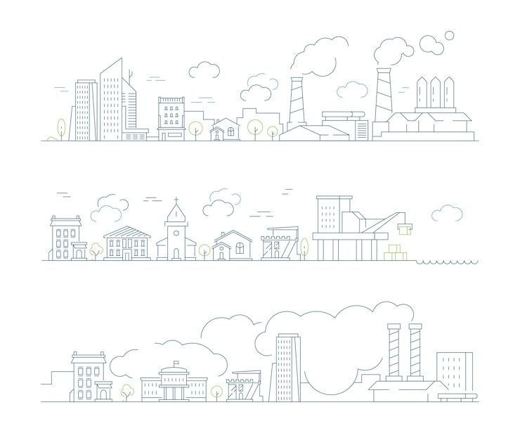 Vector industrial city landscape. factory urban smog buildings and steam clouds transport bad environment  linear background. illustration smog city, factory building and pollution
