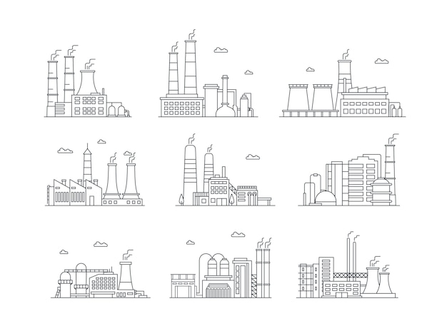 Vector industrial complex color icons set manufacturing plants isolated factory buildings