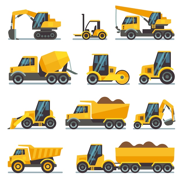 Vector industrial construction equipment and machinery flat vector icons excavator and tractor, bulldozer a