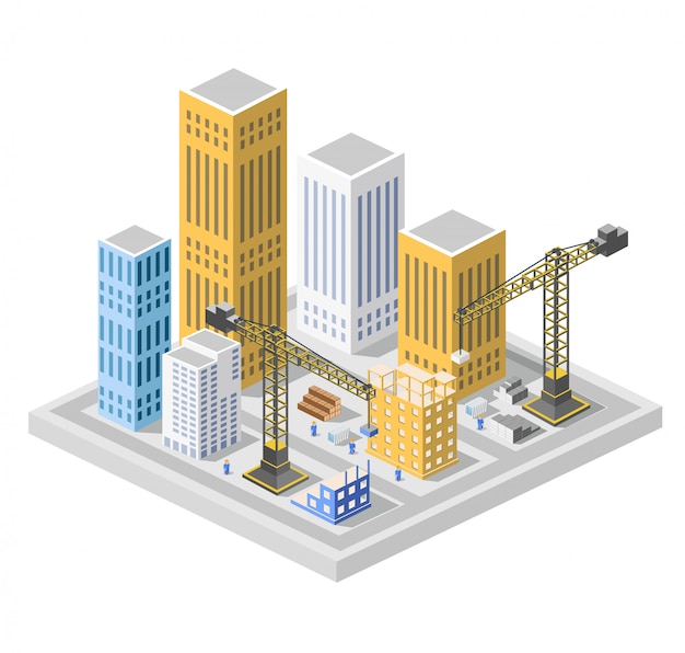 Isometrici di costruzione industriale nei grattacieli della grande città in costruzione, case