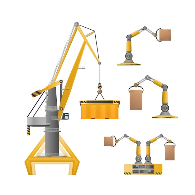 Industrial crane for lifting goods. Good for design on the topic of distribution, logistics and freight. Isolated. Vector.