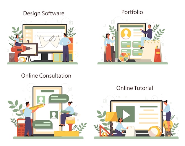 Servizio online di designer industriale o set di piattaforme. artista che crea oggetto d'ambiente moderno. software di progettazione online, portfolio, consulenza, video tutorial. illustrazione vettoriale isolato