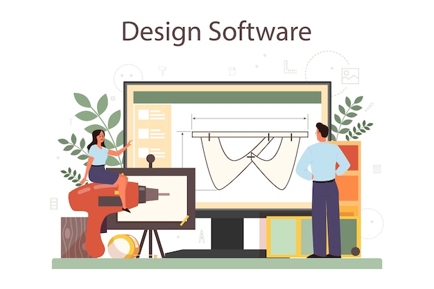 Vettore piattaforma o servizio online per l'industria. artista che crea oggetto d'ambiente moderno. software in linea.