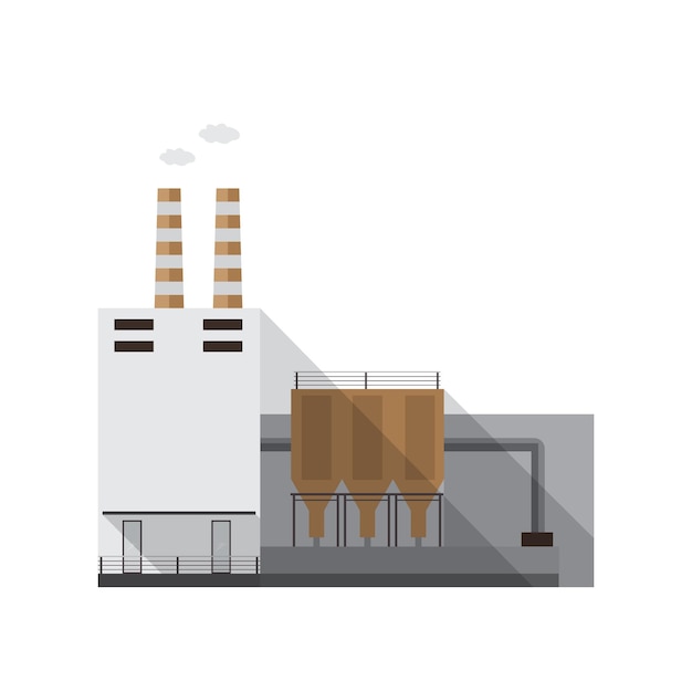 Industrial factory building with pipes emitting gas isolated on white background. Manufacturing site or power station of contemporary architecture. Cartoon colored vector illustration in flat style.