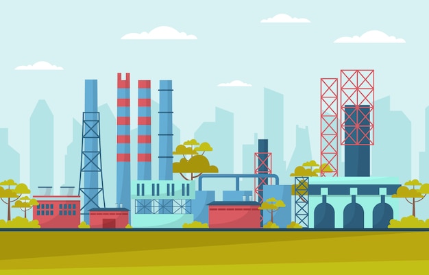 Vector industrial factory concept manufacturing building facilities area landscape flat illustration