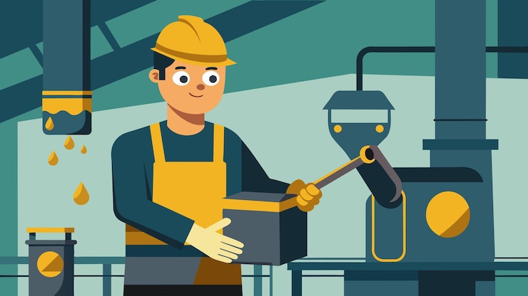 Vector an industrial factory worker covered in grease and grime grips an oil can tightly as he tends to the