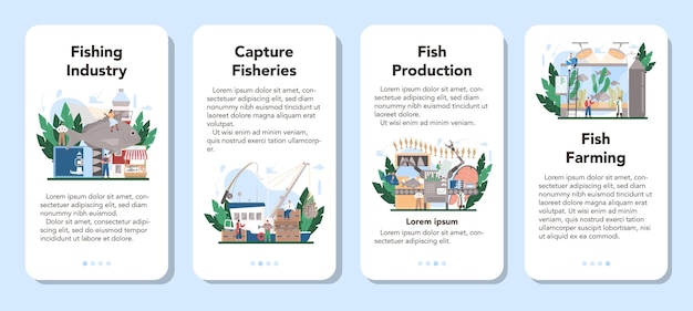 Industrial fishing mobile application banner set.