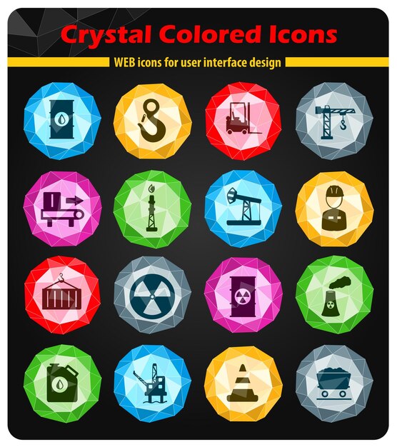 Промышленные иконки на цветных кнопках-кристаллах