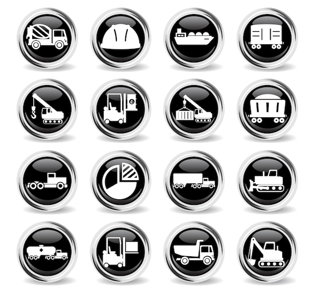 Industrial icons on round black buttons with metal ring