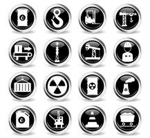 Icone industriali su bottoni rotondi neri con anello in metallo