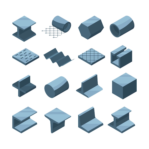 Industrial icons set of metallurgic production. isometric pictures of steel or iron pipes