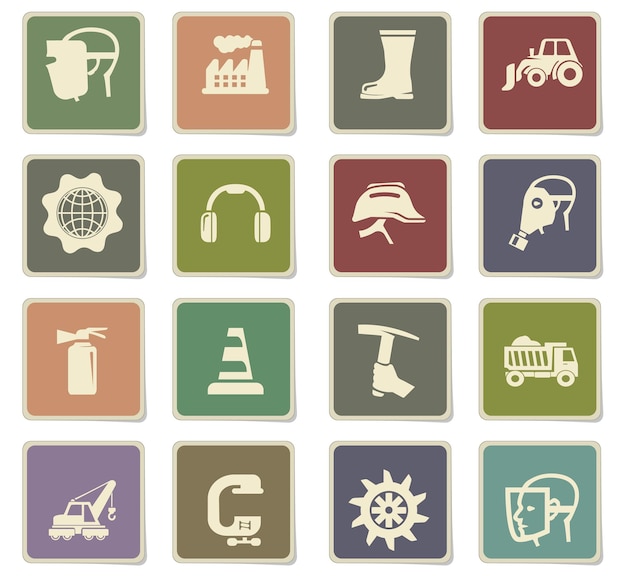 Industrial icons on square paper stickers with shadow