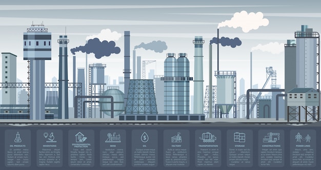 Industrial infographics with factories and plants and icons symbols charts.  Industry illustration.