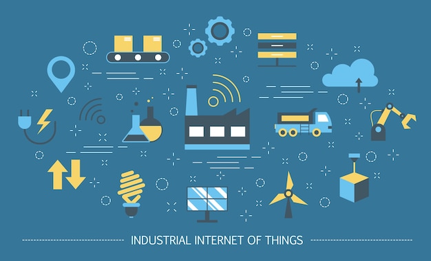 Internet industriale del concetto di cose. automazione aziendale e tecnologia futuristica. connessione wireless e logistica intelligente. set di icone colorate. illustrazione