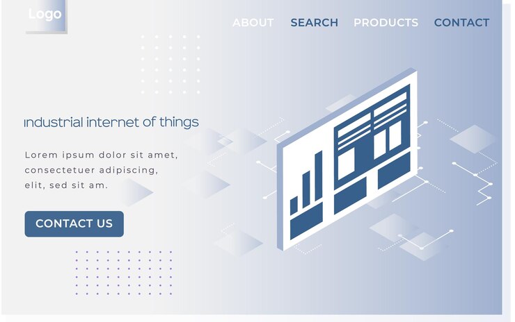Vector industrial internet of things landing page template modern information technology and networking computing concept design cloud database internet data services resources vector illustration
