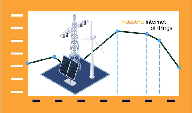 Poster industriale dell'internet delle cose con apparecchiature e indicatori intelligenti per l'energia alternativa, grafico di modifica pannelli solari, turbine eoliche, accumulo di batterie, rete di trasmissione di energia elettrica ad alta tensione