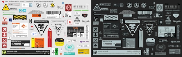 Industrial label, tag, warning sign vector collection