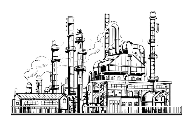 Industrial landscape line engraving style hand drawing ink sketch Oil industry vector illustration