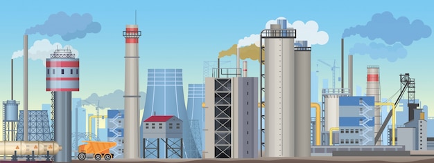 Paesaggio industriale con fabbriche e impianti di produzione. illustrazione di industria