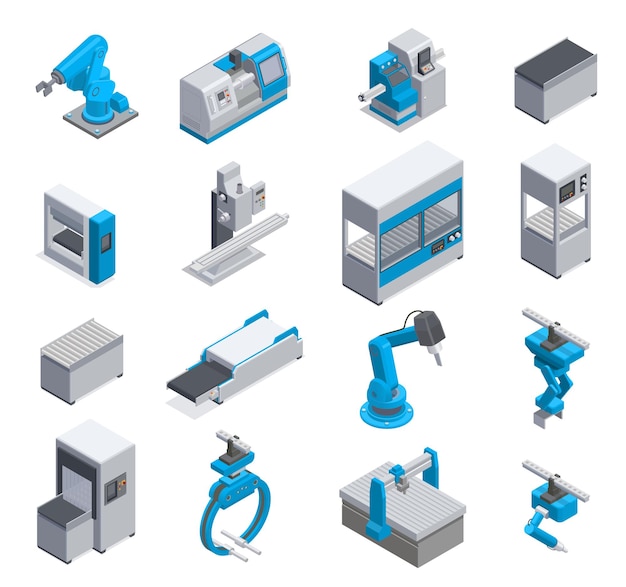 Icone isometriche degli elementi delle apparecchiature dei produttori di macchine industriali impostate con l'illustrazione vettoriale isolata del pannello di controllo del braccio robotico del trasportatore