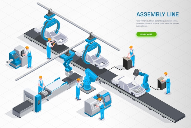 Vector industrial manufacturing production line equipment isometric composition with car assembling conveyor operators controlling robotic arms  illustration