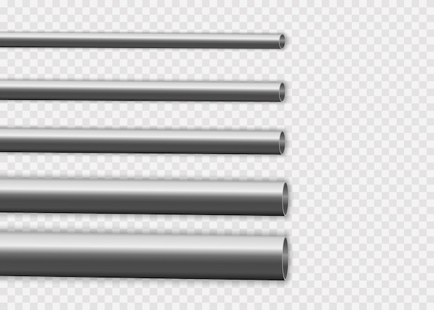 Vector industrial, metal pipelines manufacturing concept. steel or aluminum pipes of various diameters isolated on a white background. glossy 3d steel pipe design.