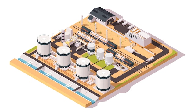 Vector industrial oil terminal railroad with wagon railcar fuel storage logistics transportation petroleum shipping and delivery tower container lng business isometric vector illustration