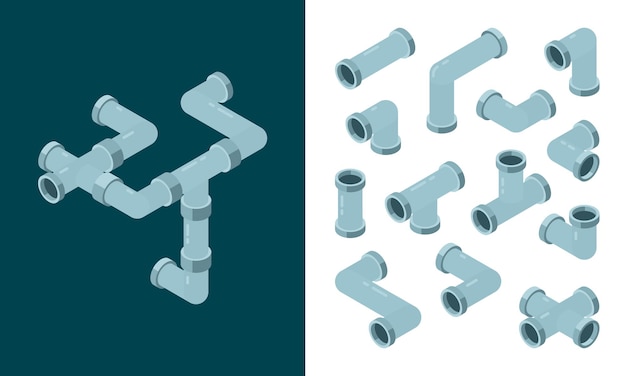 Vector industrial pipes. oil or water plastic tubes steel pipes connections isometric set.