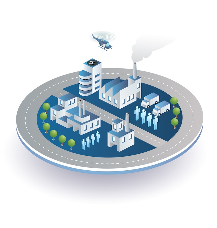 Vector industrial plant  in isometric view with the landscape