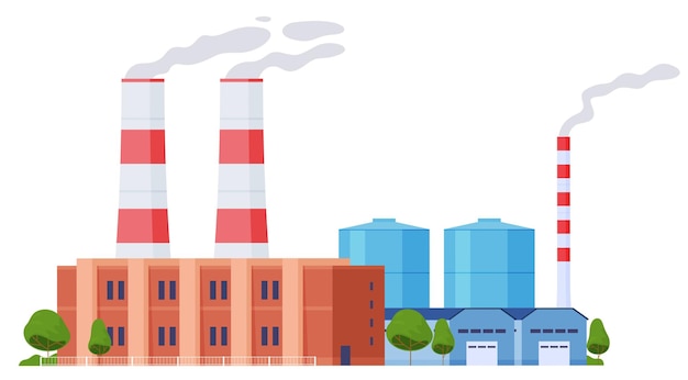 Industrial plants for the production of products electricity equipment Factory complex with pipes Vector illustration