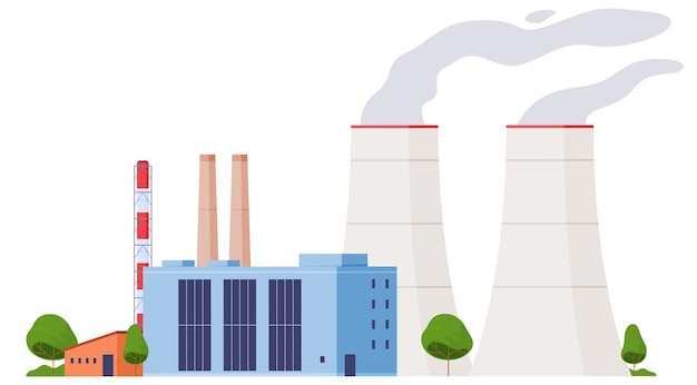 Промышленные предприятия по производству электротехнического оборудования Заводской комплекс с трубами Векторная иллюстрация