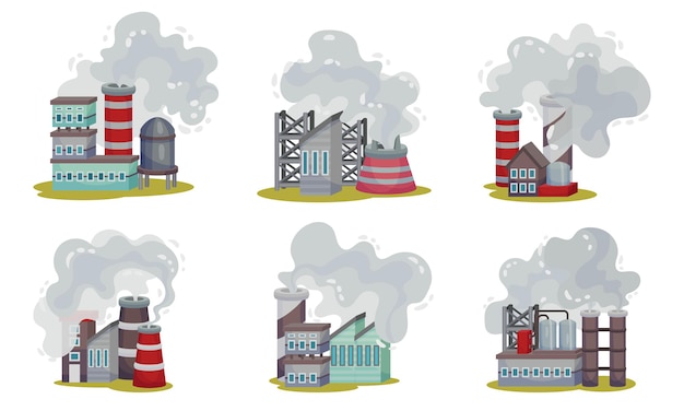 Vector industrial plants throwing out toxic smoke dangerous for the environment vector set