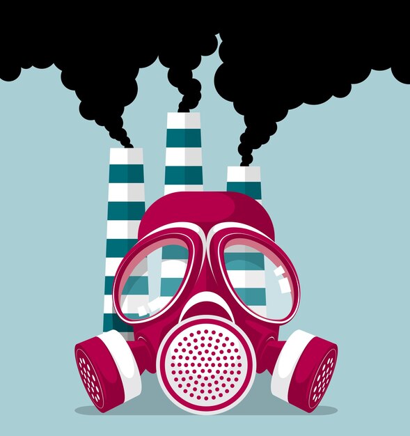 Vector industrial pollution concept design, gas mask and three chimneys, smoke billowing.