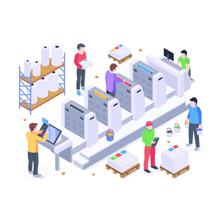 Vector industrial printing production isometric illustration with high graphics
