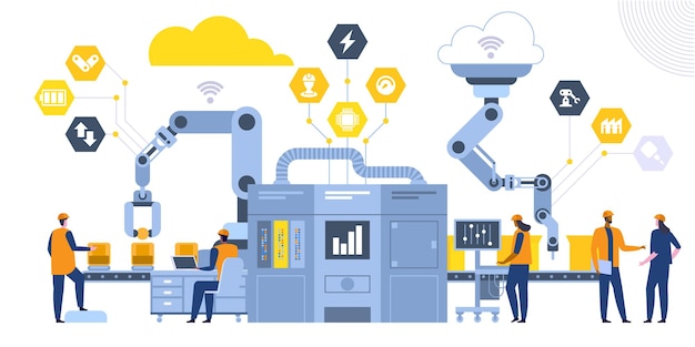 Vector industrial revolution flat vector illustration. male and female factory coworkers, engineers cartoon characters. manufacturing process, modern high tech machinery. conveyor line controlling