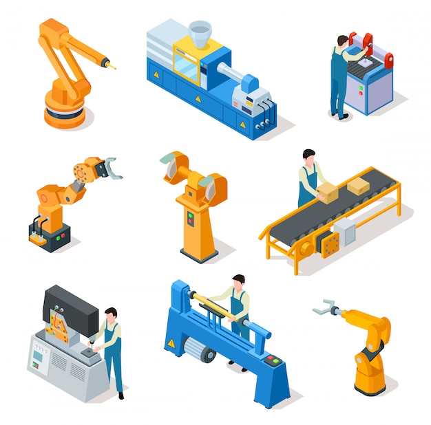 Robot industriali. macchine isometriche, elemetti di catene di montaggio e bracci robotici con i lavoratori.