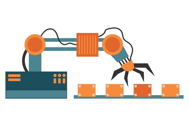 Vector industrial robots manipulators robotized arm modern industry robotically technology conveyor