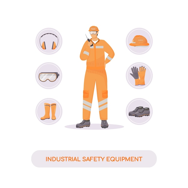 Vector industrial safety equipment flat concept illustration. hardhat, gum shoes and accessories. builder, engineer 2d cartoon character for web design. injury prevention, work safety creative idea