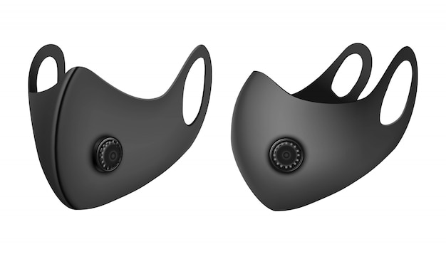 黒の産業安全呼吸フェイスマスク。側面図と正面図の隔離された図。安全な呼吸のアンチウイルス保護。