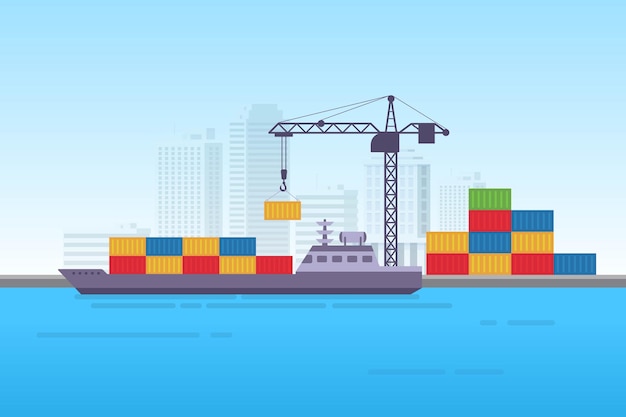 Industrial sea freight ship cargo logistics container vector illustration