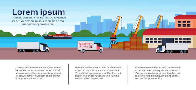 Industrial sea port freight ship cargo minivan crane logistics business infographic template