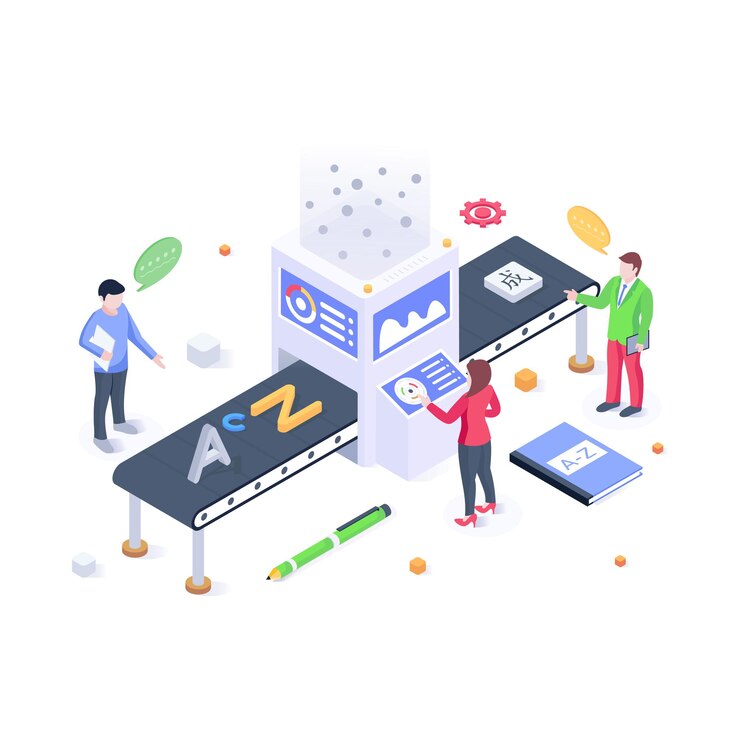Vector industrial staff isometric illustration of translating machine