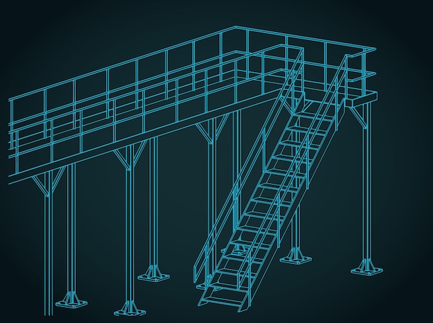 industrial steel platform and stairs isometric blueprints illustration