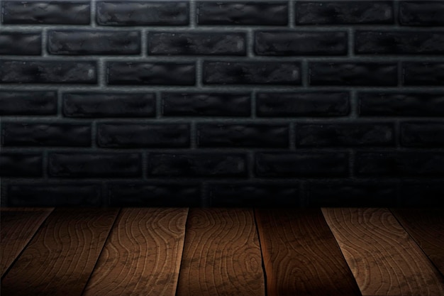 Vector industrial style background with wooden plank and grey brick wall in 3d illustration