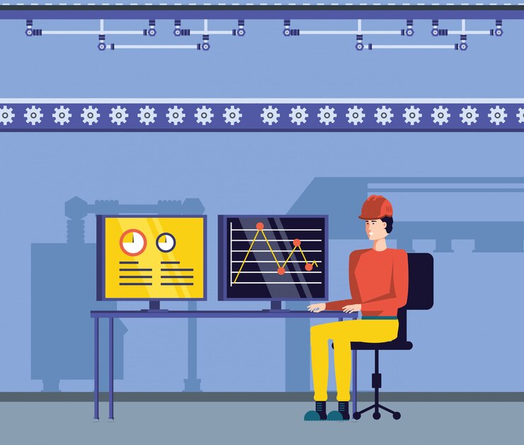 Vector industrial worker in technified factory
