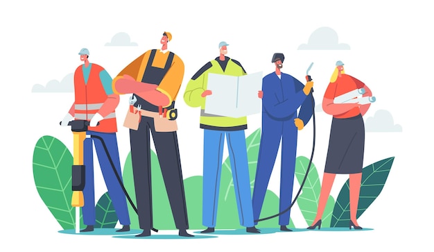 Industrial Workers Team Male and Female Characters. Builder, Engineer or Foreman with Tools and Blueprint. Architect with House Plan, Welder, Constructor in Helmets. Cartoon People Vector Illustration