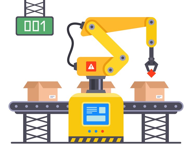 Vector industrial yellow robot on the conveyor for packaging goods. flat  illustration isolated on white background.