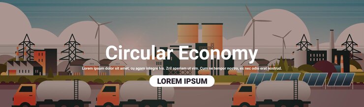 Vector industrial zone with oil tankers pipes chimneys wind turbines and solar panels nature pollution and clean power circular economy concept horizontal copy space vector illustration